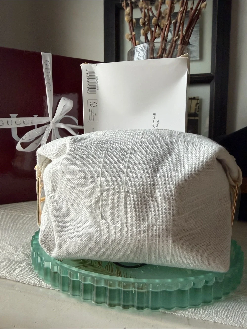 Dior Off-White Embossed Canvas Pouch with Gold Accents